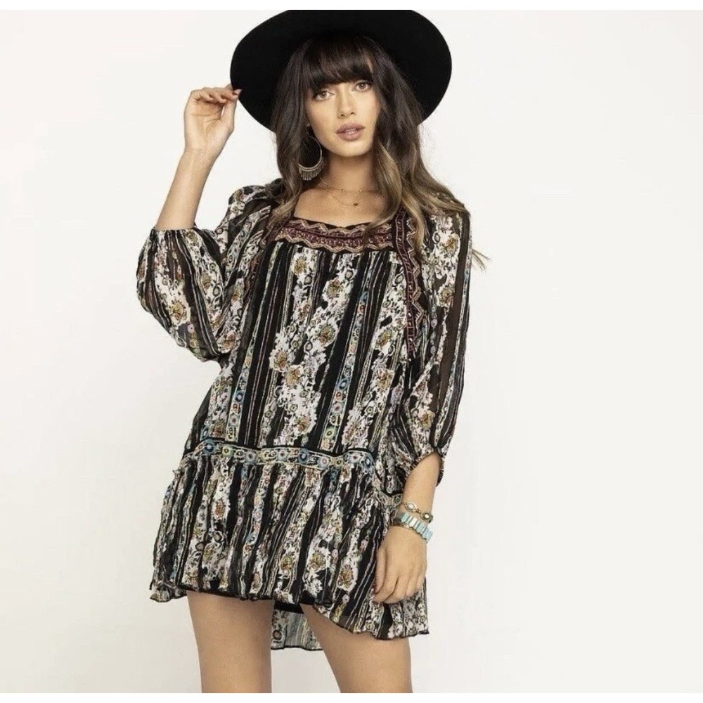 Free People Dance Magic Dress Womens Large Metallic Floral Oversized Embroidered